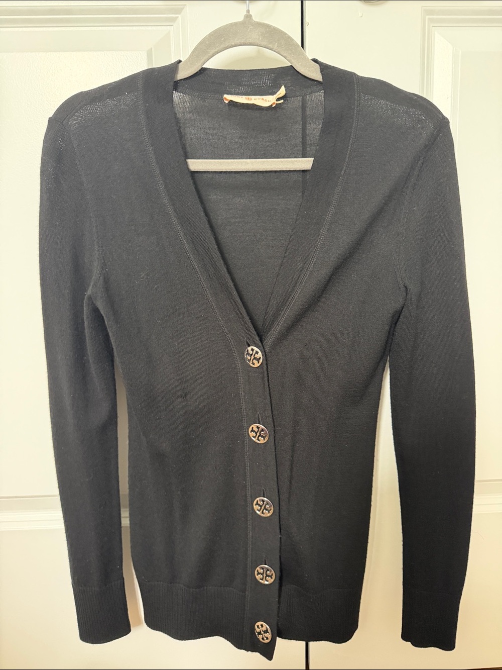 Tory Burch Black V-Neck Button-Front Cardigan with Gold Logo Buttons